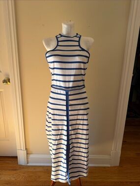 Sleeveless Blue & White Striped Midi Dress